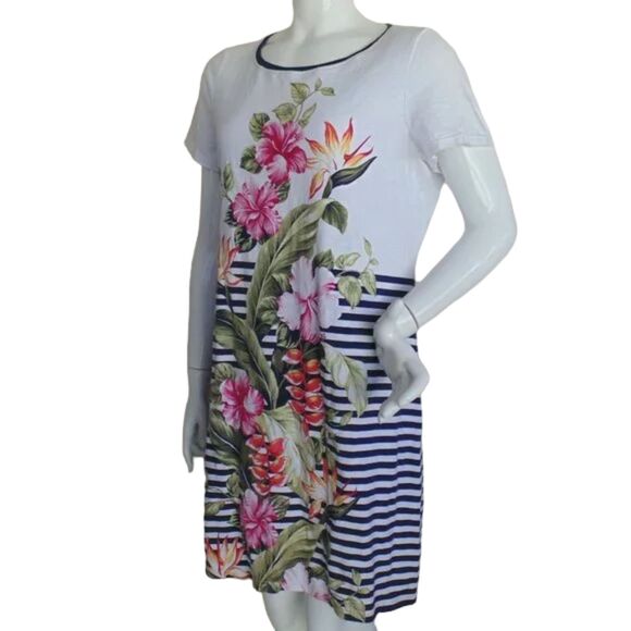TOMMY BAHAMA Dress, L, White, Blue stripes, Floral print, Short sleeves, Jersey - Picture 4 of 11